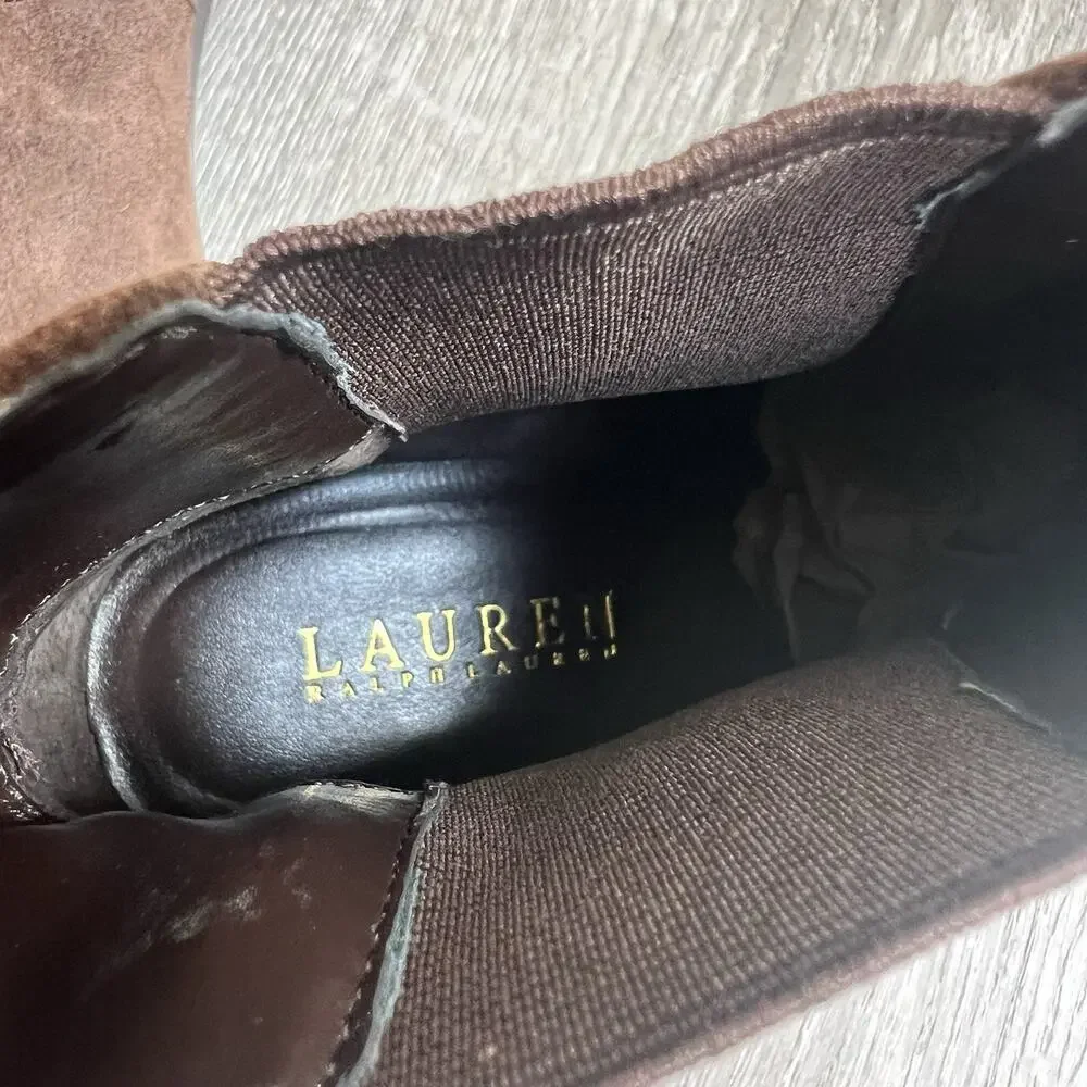 Lauren RALPH LAUREN Yasline Brown Suede Leather Sz 8.5 Wedge Heel Ankle Booties